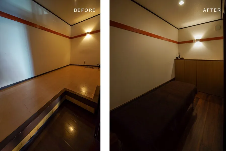 アロマ施術用個室は段差があり床がよく軋むとのことで、フラットに。チーク色のフローリングで落ち着く空間に